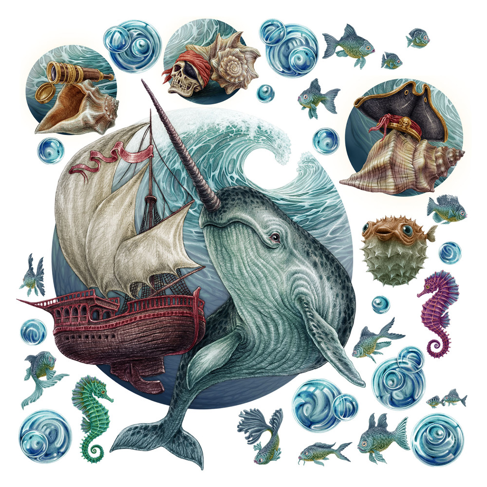 Gyerekszobai fali dekorációk 100x109 Rajzfilm tengeri világ hajóval és állatokkal