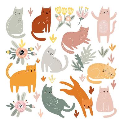 Nagyméretű falmatricák 100x176 Bohém minta macskákkal és növényekkel pasztell színekben