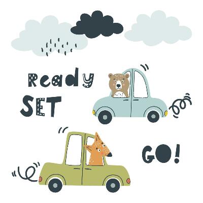 Gyerekszobai fali dekorációk 100x135 Itt az ideje egy kalandnak! Állatok pasztellszínű autókban