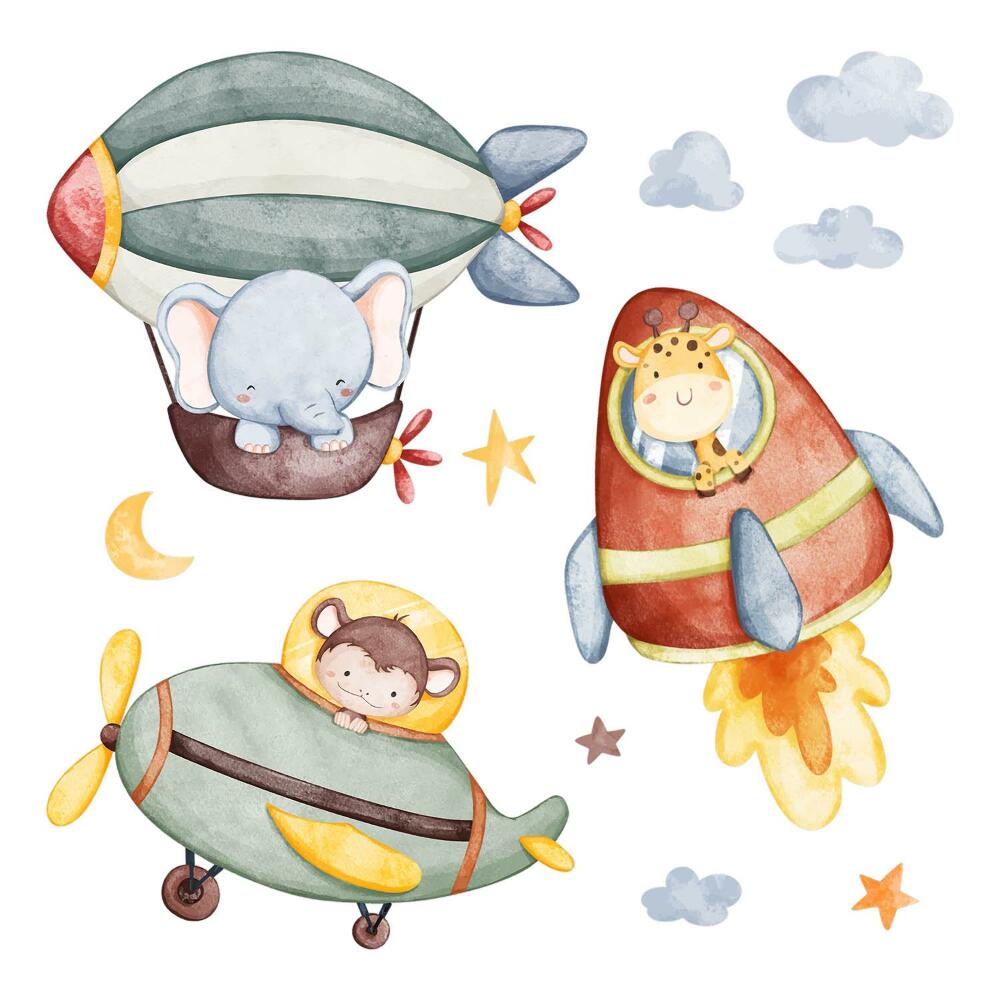 Nagyméretű falmatricák 100x151 Akvarell ég repülő állatokkal