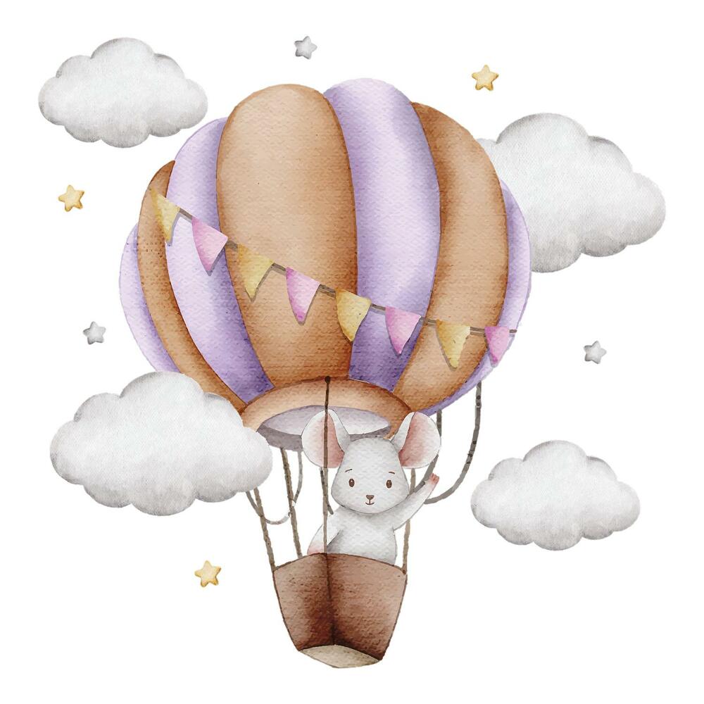 Nagyméretű falmatricák 100x117 Egy egér a felhőkben, akvarell lufik hátterében