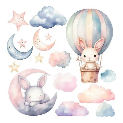 Nagyméretű falmatricák 100x133 Éjszakai léggömb aranyos akvarell nyulakkal