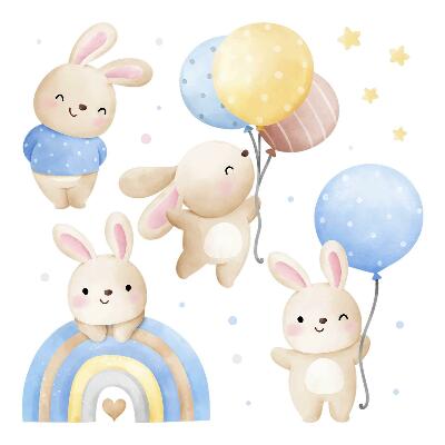 Nagyméretű falmatricák 100x156 Pasztell nyuszik lufikkal és csillagokkal