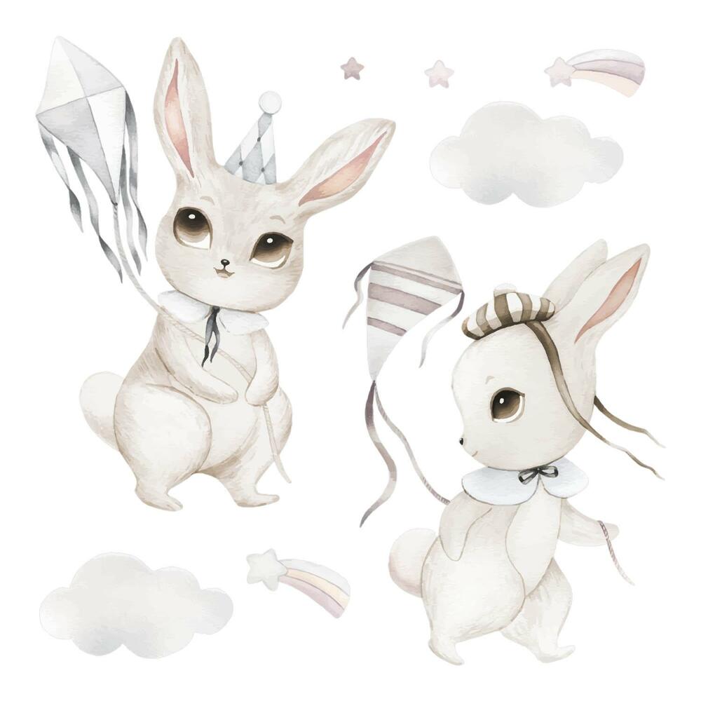 Gyerekszobai fali dekorációk 100x143 Imádnivaló akvarell nyuszik sárkányokkal