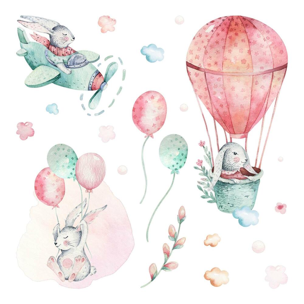 Nagyméretű falmatricák 100x118 Aranyos akvarell nyuszik az ég ellen