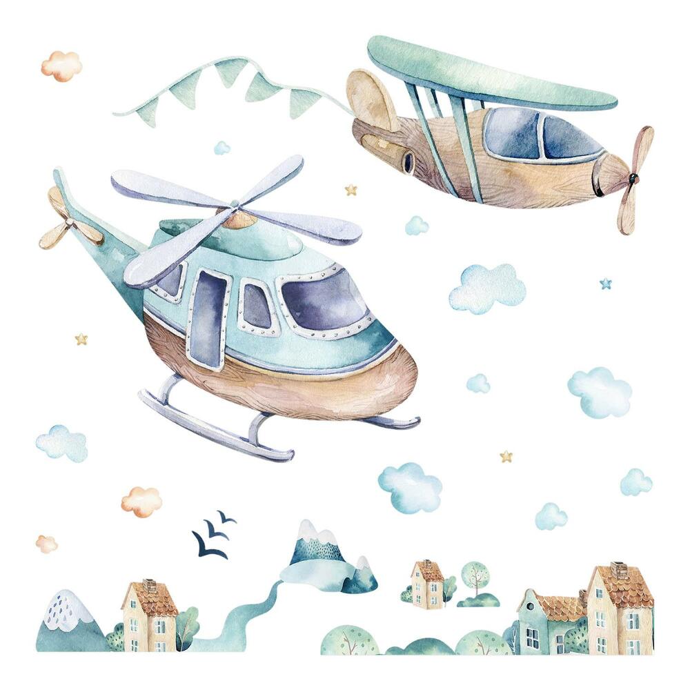 Nagyméretű falmatricák 100x145 Akvarell motívum egy helikopterről és repülőgépről a város felett