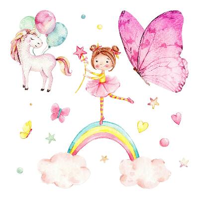 Gyerekszobai fali dekorációk 100x131 Lány a szivárványon pillangókkal és egy unikornissal