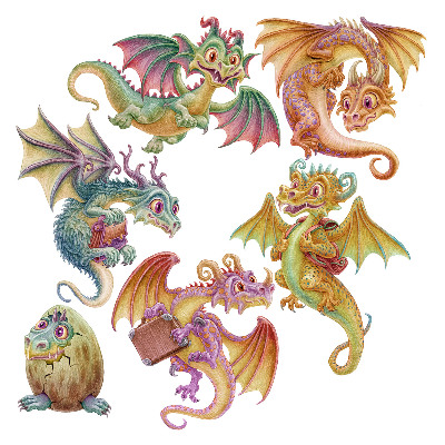 Gyerekszobai fali dekorációk 100x85 Rajzfilm sárkányok pasztell árnyalatokban