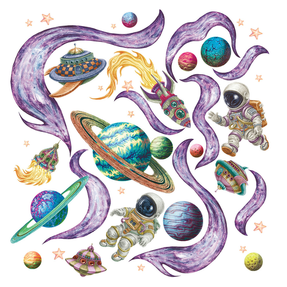 Gyerekszobai fali dekorációk 100x172 Űrrakéták és bolygók rajzfilm stílusban