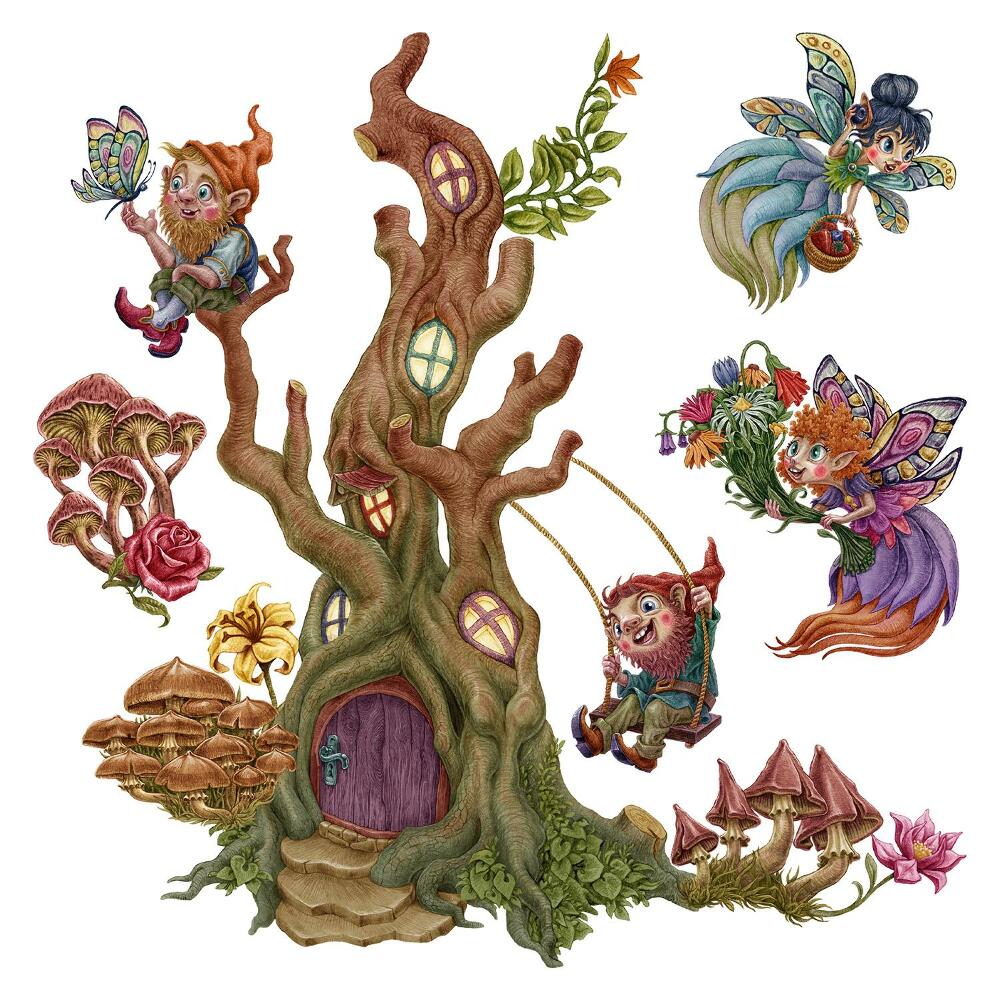 Gyerekszoba falmatricák 130x135 Törpék és tündérek erdei környezetben
