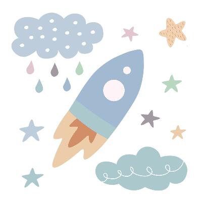 Gyerekszoba falmatricák 130x217 Pasztell égbolt rakétával és csillagfelhőkkel