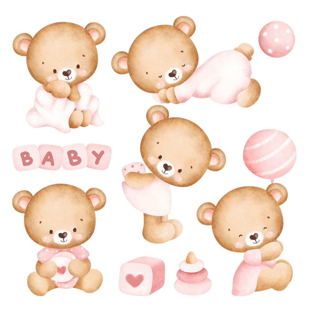 Gyerekszoba falmatricák 130x227 Bájos mackók finom akvarell stílusban