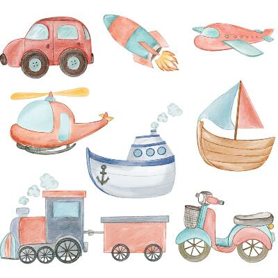Gyerekszoba falmatricák 130x204 Pasztell járművek akvarell stílusban