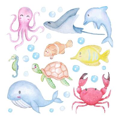 Gyerekszoba falmatricák 130x184 A tengeri világ pasztell akvarell árnyalatokban