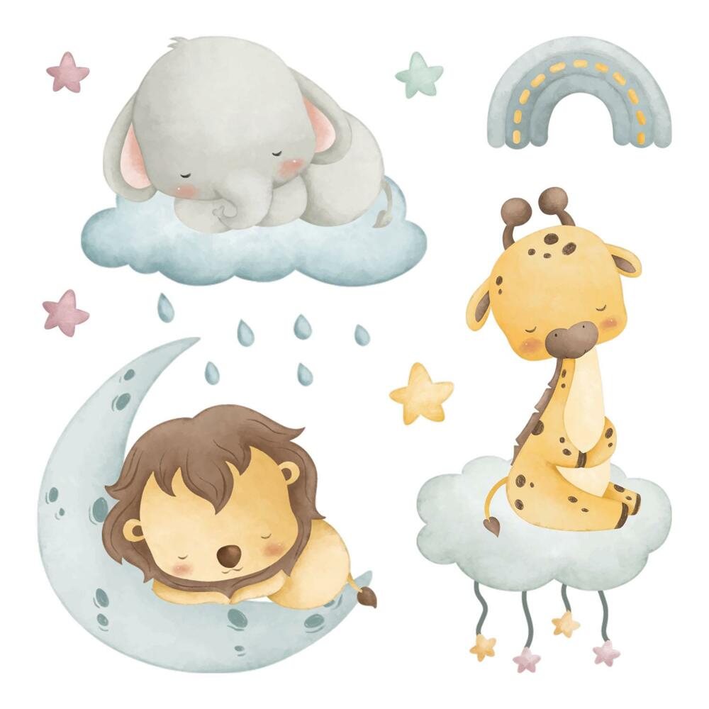 Gyerekszoba falmatricák 130x197 Pasztell akvarell állatok az ég ellen