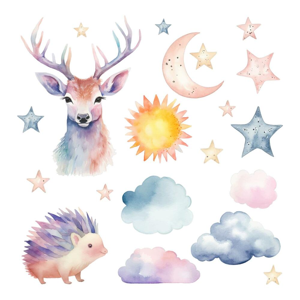 Gyerekszoba falmatricák 130x143 Állatok és az ég akvarell stílusban