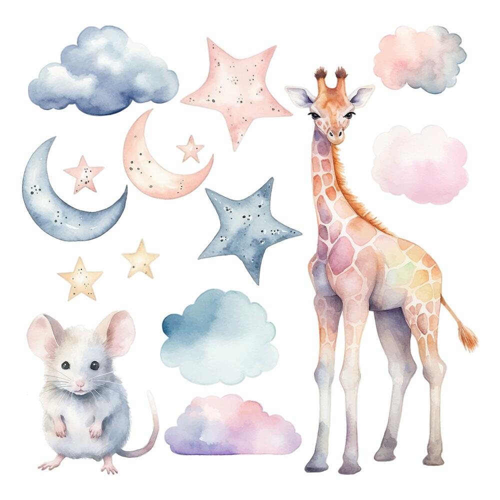 Gyerekszoba falmatricák 130x123 Állatok és az éjszakai égbolt akvarell árnyalatokban