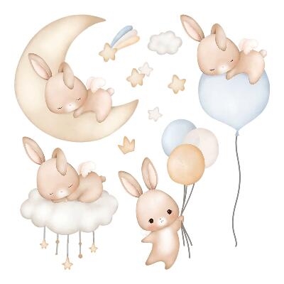 Gyerekszoba falmatricák 130x114 Pasztellszínű nyuszik lufikkal egy éjszakai jelenetben