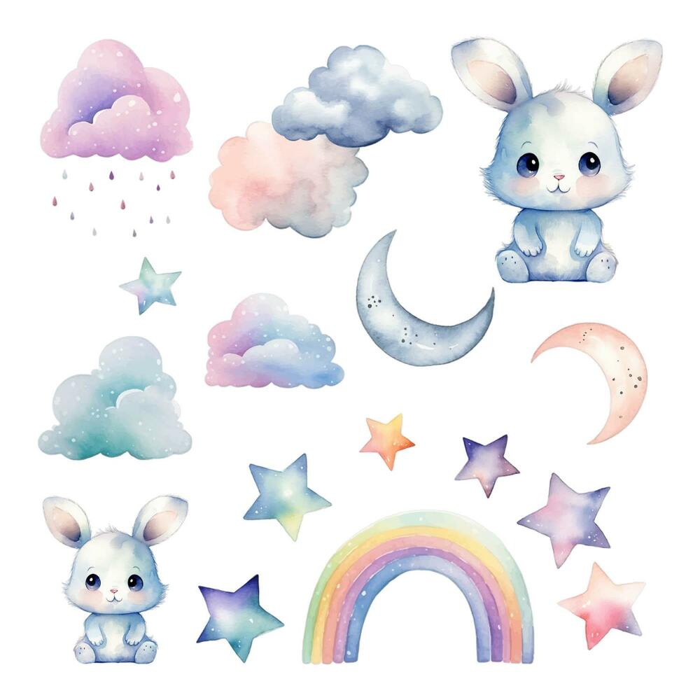 Gyerekszoba falmatricák 130x174 Akvarell nyuszik szivárványos égbolton és holdakon