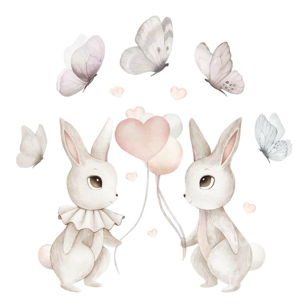 Gyerekszoba falmatricák 130x164 Pasztell nyuszik lufikkal aranyos stílusban