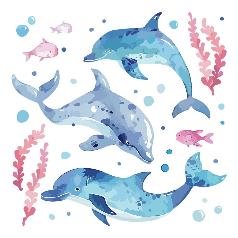 Matricák gyerekeknek 130x201 Delfinek pasztell akvarelljei víz alatti környezetben