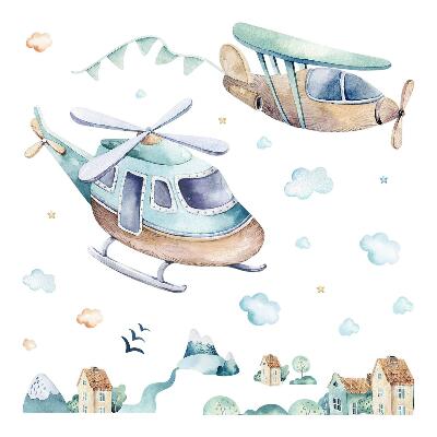 Gyerekszoba falmatricák 130x188 Akvarell motívum egy helikopterről és repülőgépről a város felett
