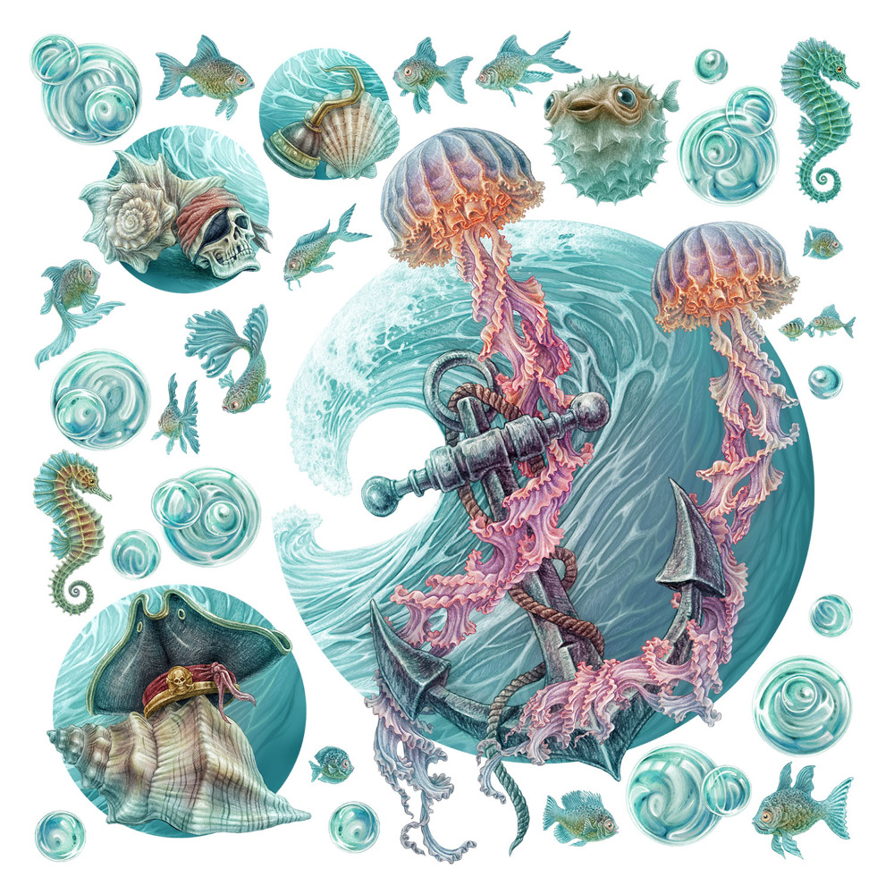 Gyerekszoba falmatricák 130x134 A tengeri állatok rajzfilmvilága pasztellben